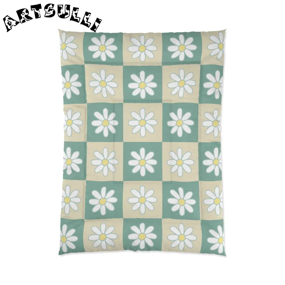 JAKKOUTTHEBXX Retro Daisy Checkerboard Green and Tan Comforter