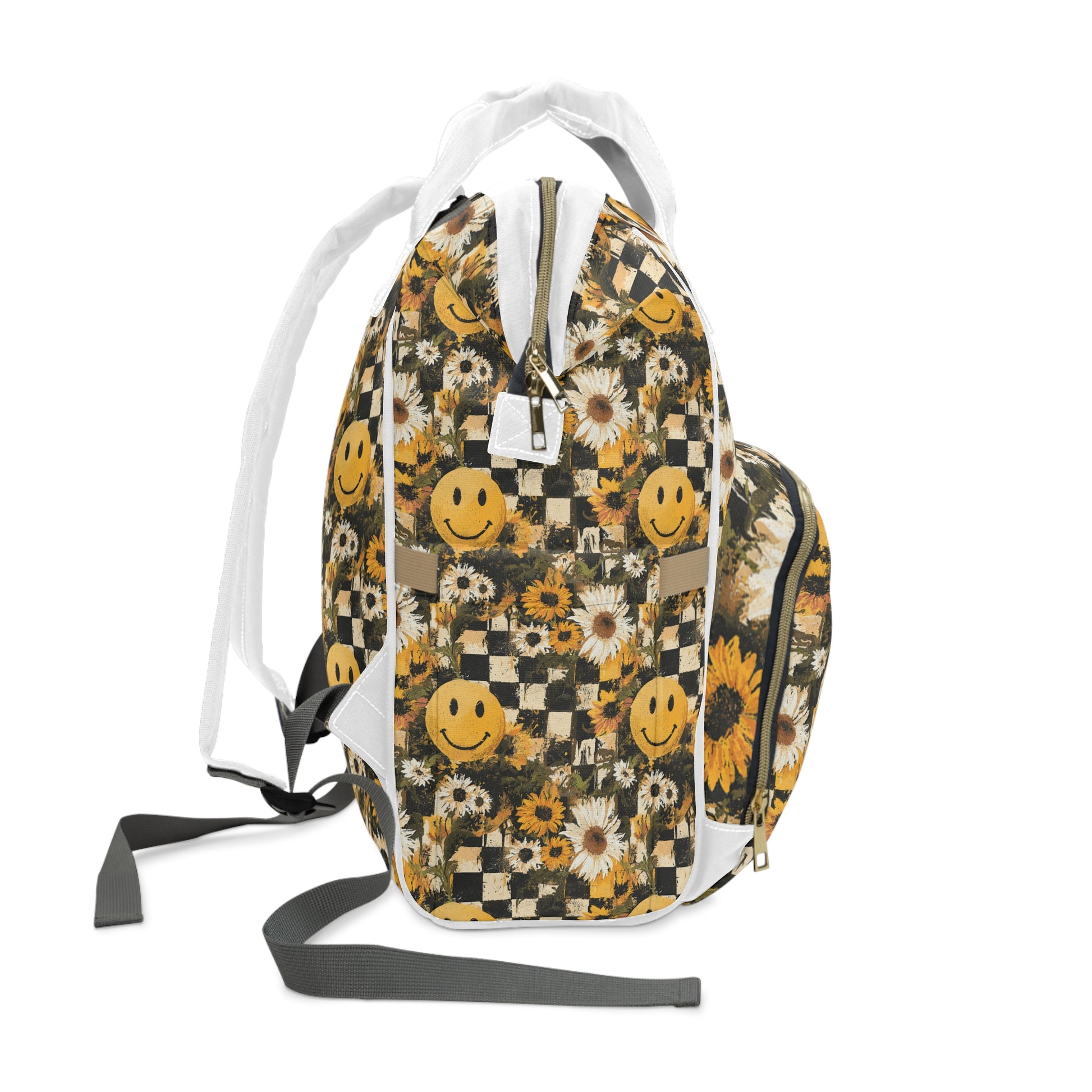 Smiley Face x Checkerboard x Sunflowers x Trippy x Vintage Black and Yellow Multifunctional Diaper Backpack, Artsulli - Art is Long, Life is Short, Bags, , , , , , , 