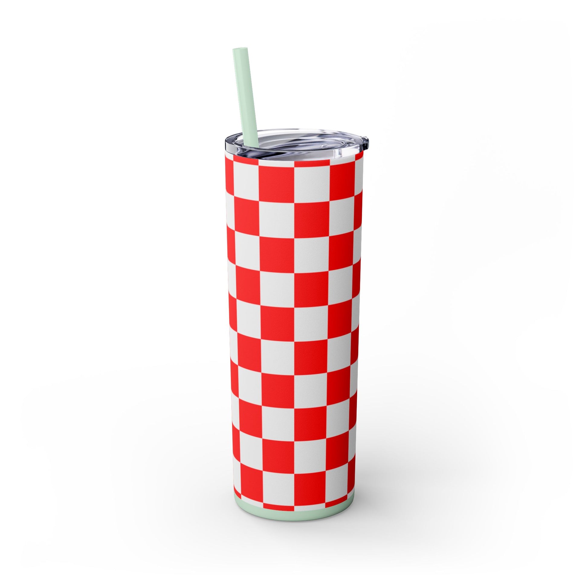 Checkerboard Red and White Skinny Tumbler with Straw, 20oz, Artsulli - Art is Long, Life is Short, Mug, , , , , , , 