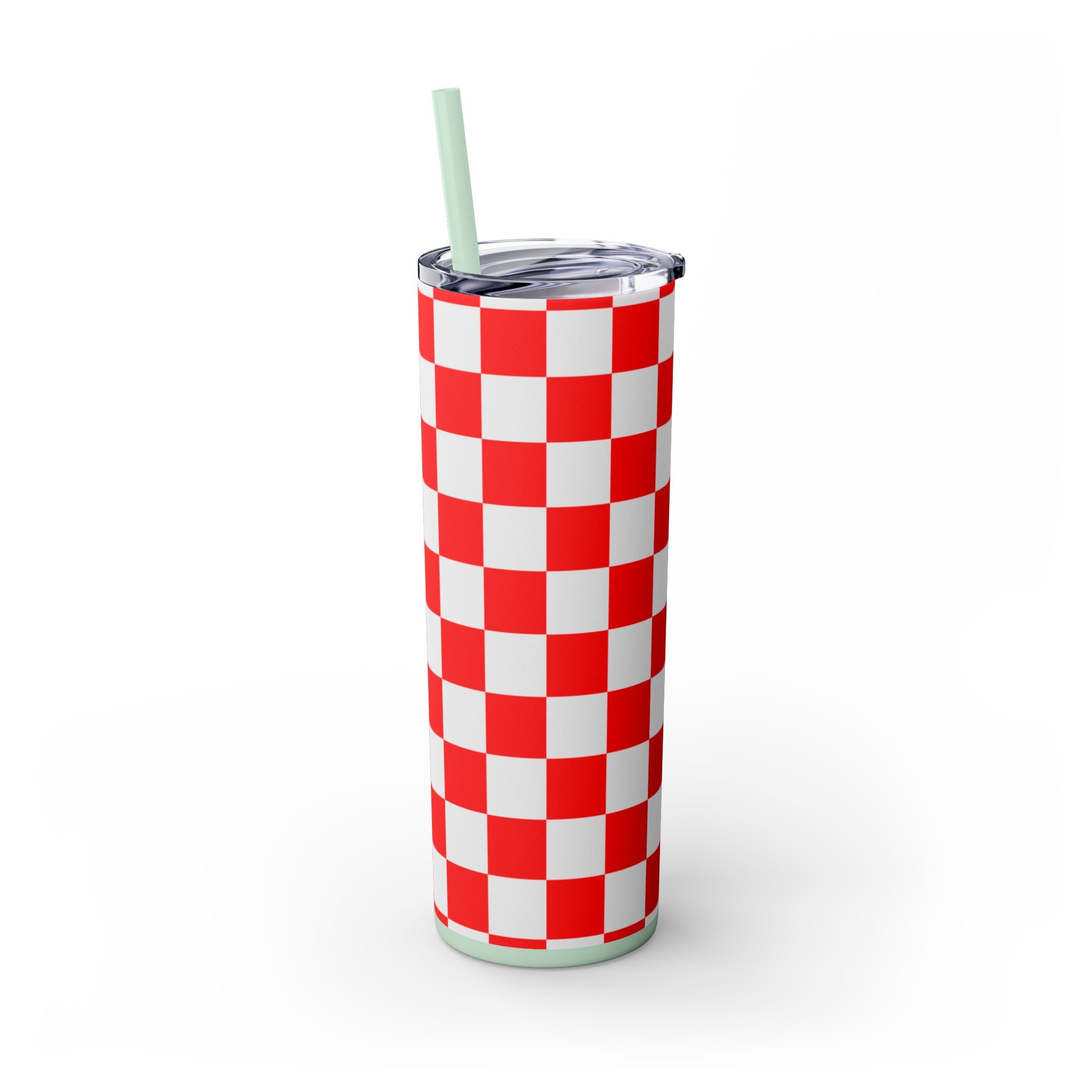 Checkerboard Red and White Skinny Tumbler with Straw, 20oz, Artsulli - Art is Long, Life is Short, Mug, , , , , , , 