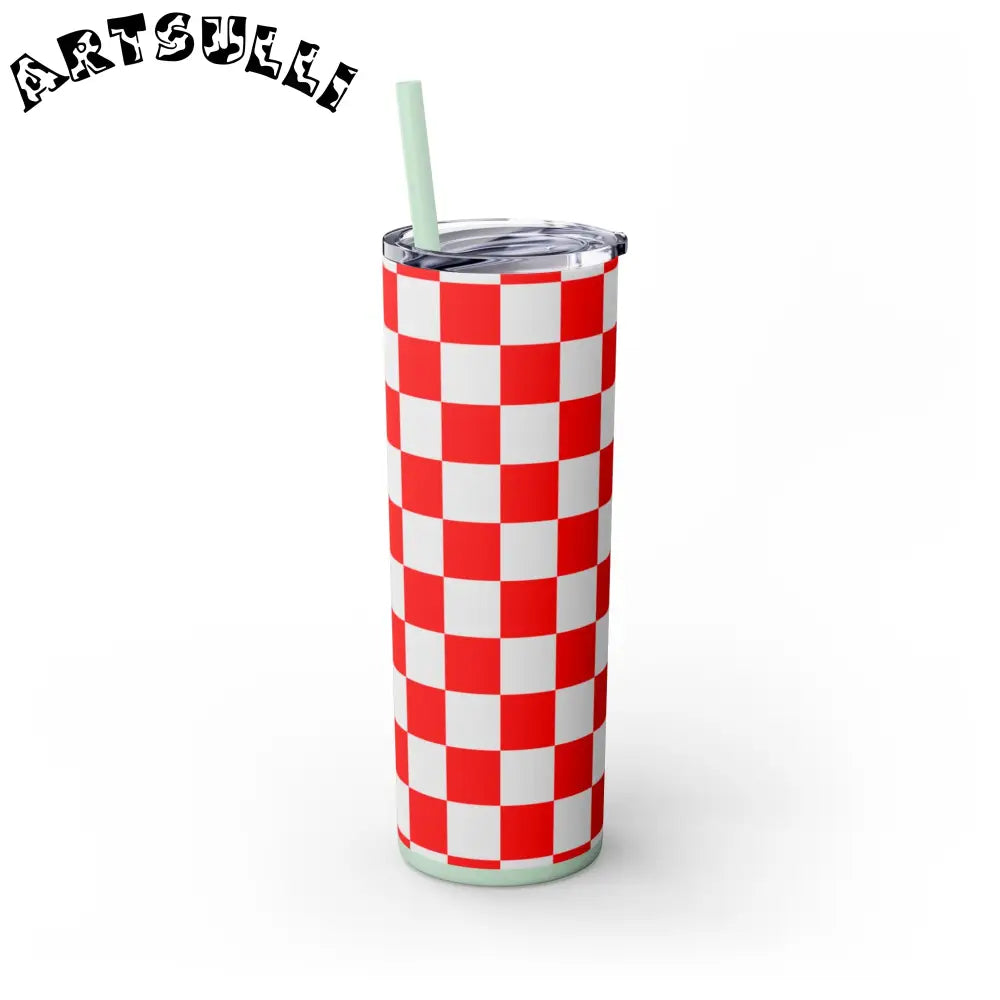 JAKKOUTTHEBXX Checkerboard Red and White Skinny Tumbler with Straw