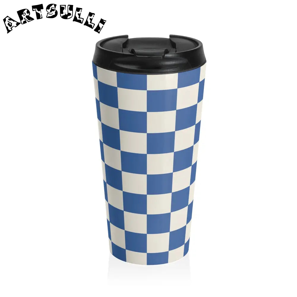JAKKOUTTHEBXX Checkerboard Blue Stainless Steel Travel Mug