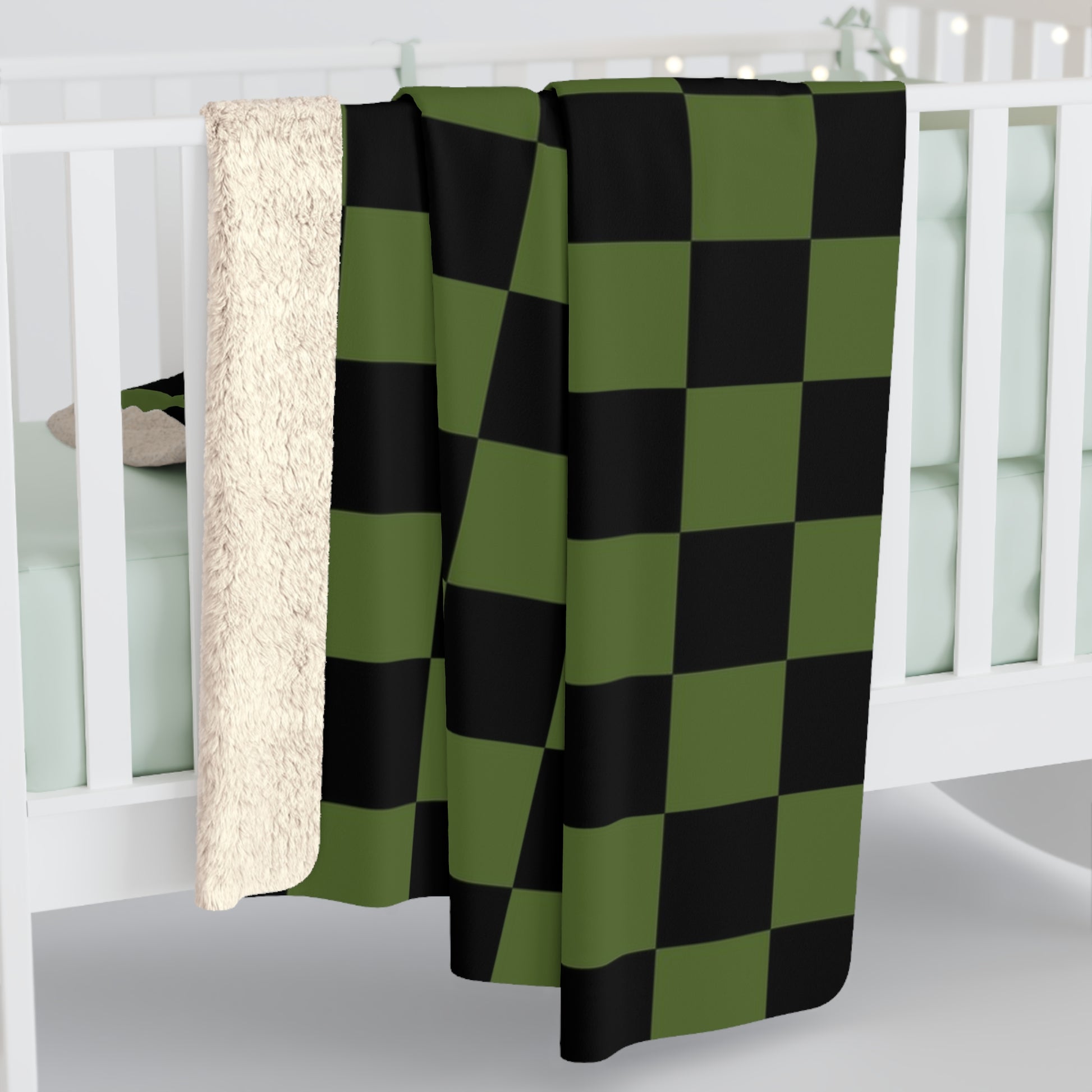 Checkerboard Olive Green and Black Sherpa Fleece Blanket, Artsulli - Art is Long, Life is Short, Home Decor, , , , , , , 
