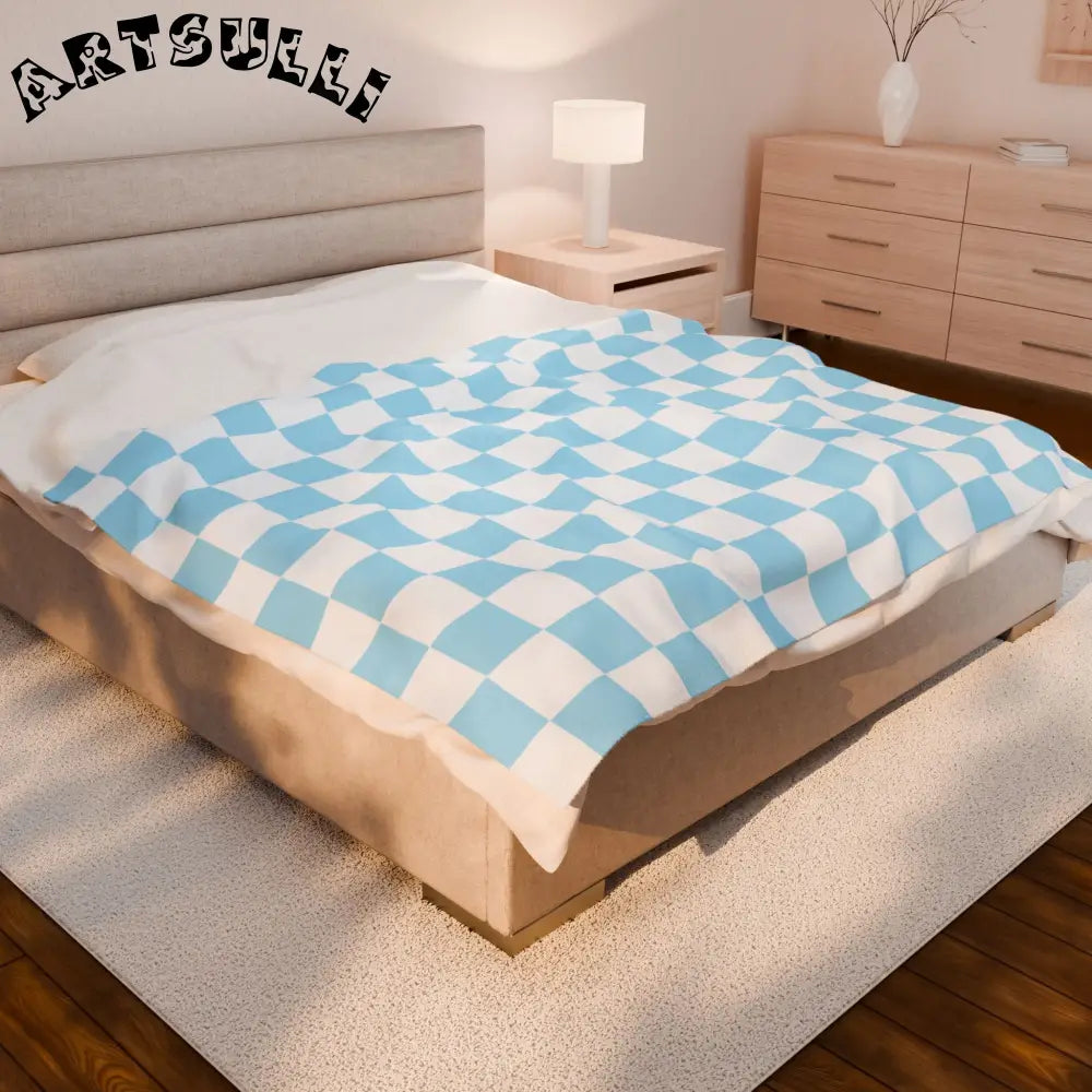 JAKKOUTTHEBXX Checkerboard Sky Blue Velveteen Plush Blanket