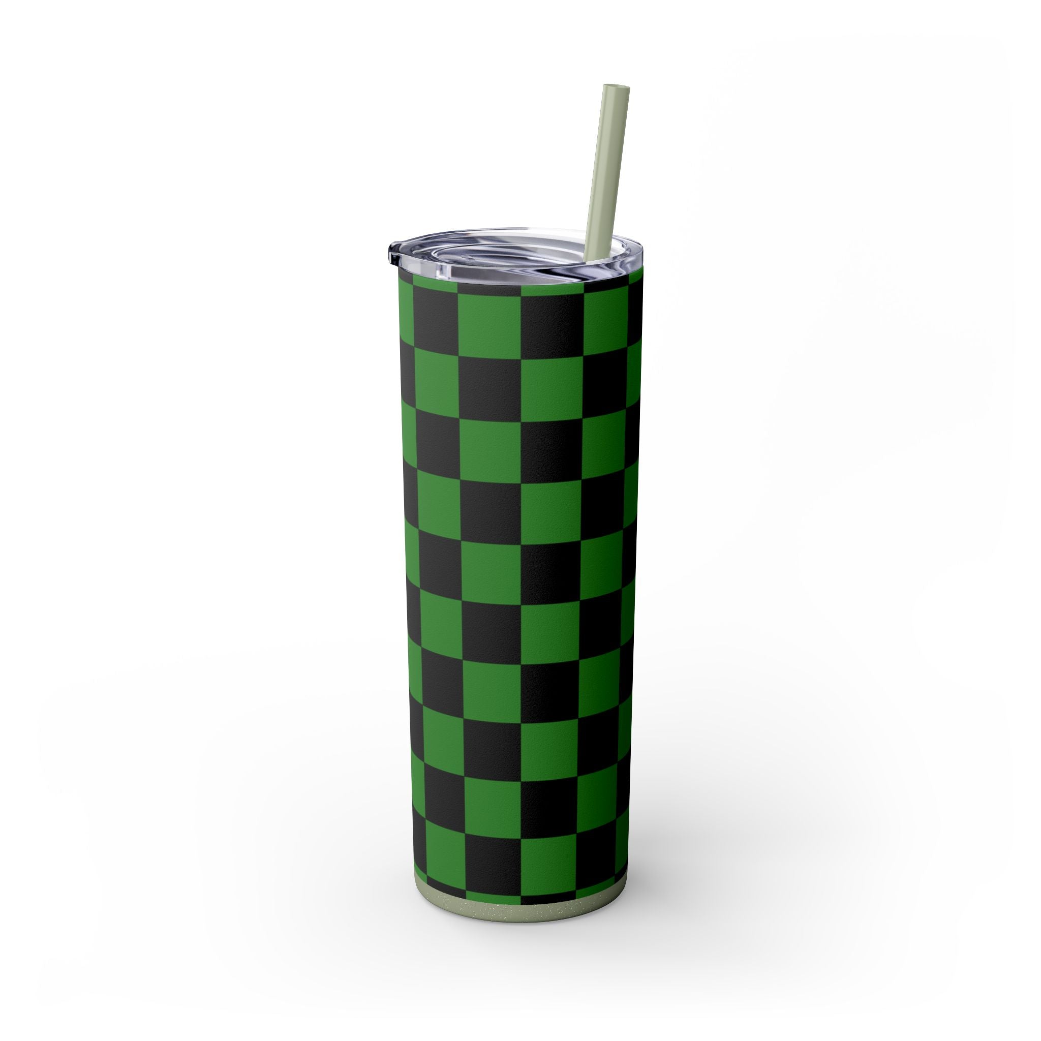 Checkerboard Green and Black Skinny Tumbler with Straw, 20oz, Artsulli - Art is Long, Life is Short, Mug, , , , , , , 