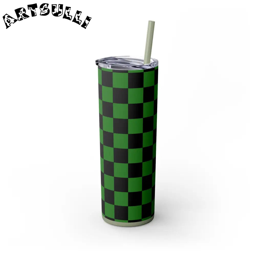 JAKKOUTTHEBXX Checkerboard Green and Black Skinny Tumbler with Straw
