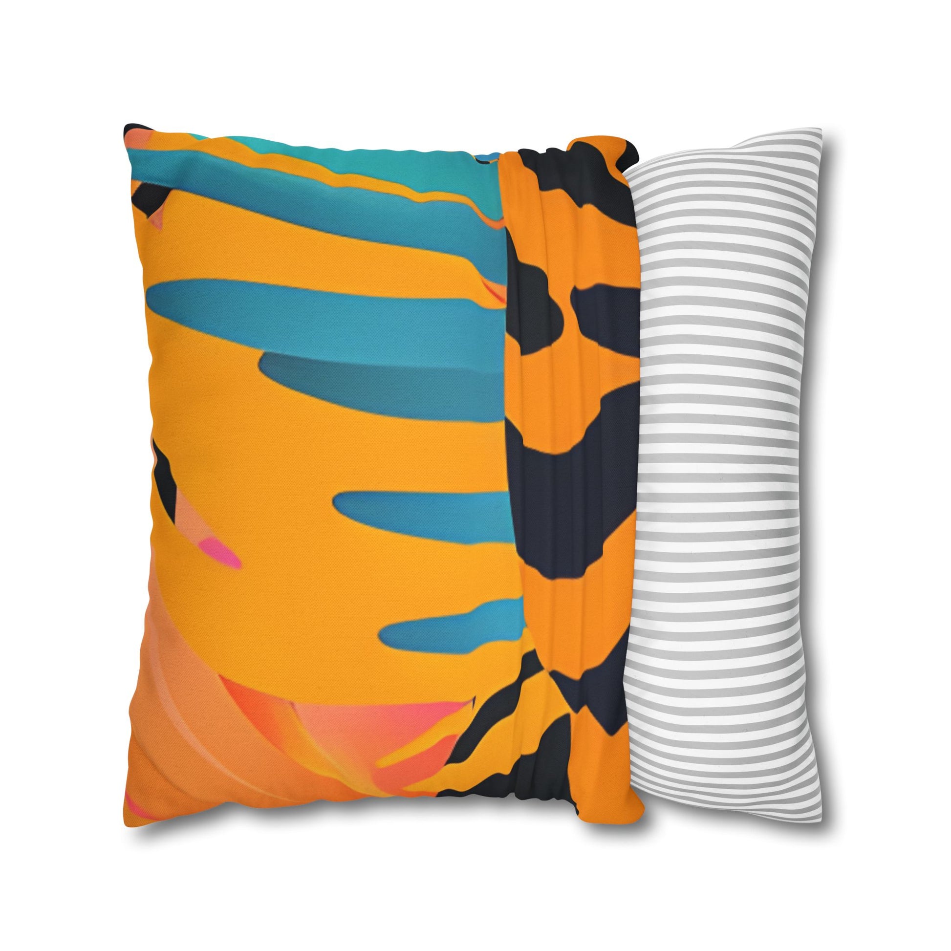 Palm Leaves x Tiger Stripes Orange and Blue Spun Polyester Square Pillowcase, Artsulli - Art is Long, Life is Short, Home Decor, , , , , , , 