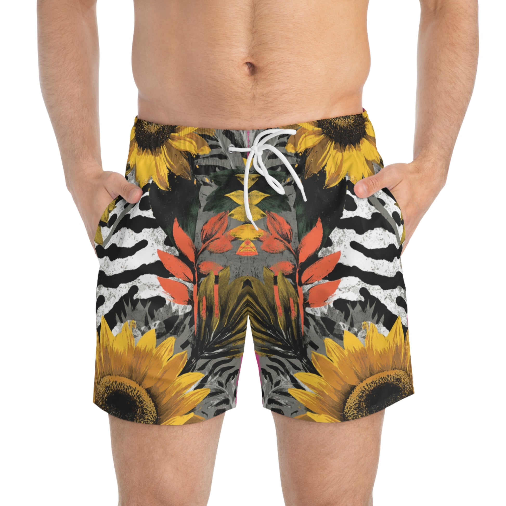 Zebra Stripes x Sunflowers Multi-Color Swim Trunks (AOP), Artsulli - Art is Long, Life is Short, All Over Prints, , , , , , , 