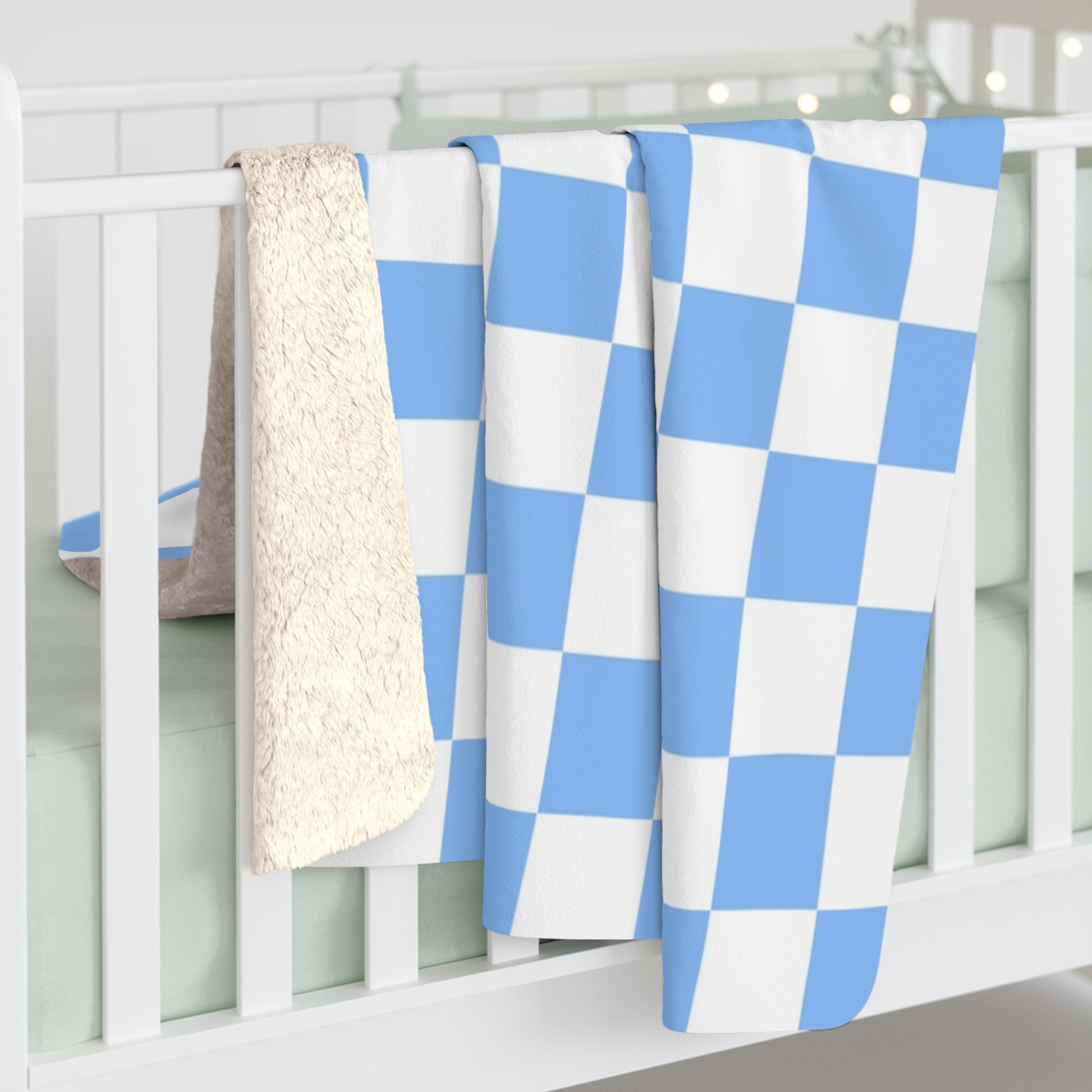 Checkerboard White and Light Blue Sherpa Fleece Blanket, Artsulli - Art is Long, Life is Short, Home Decor, , , , , , , 
