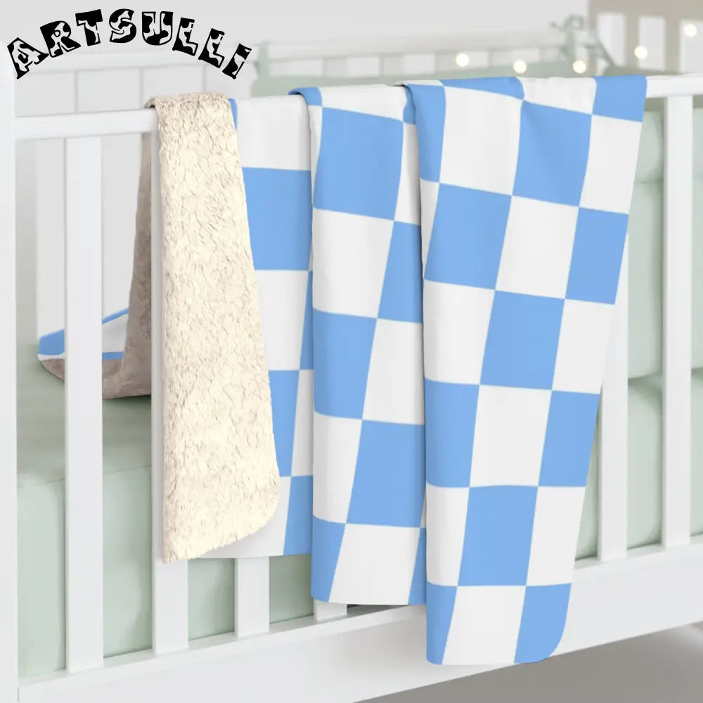 JAKKOUTTHEBXX Checkerboard White and Light Blue Sherpa Fleece