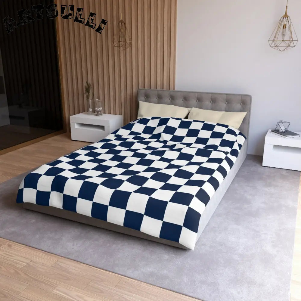 JAKKOUTTHEBXX Checkerboard White and Navy Blue Microfiber Duvet