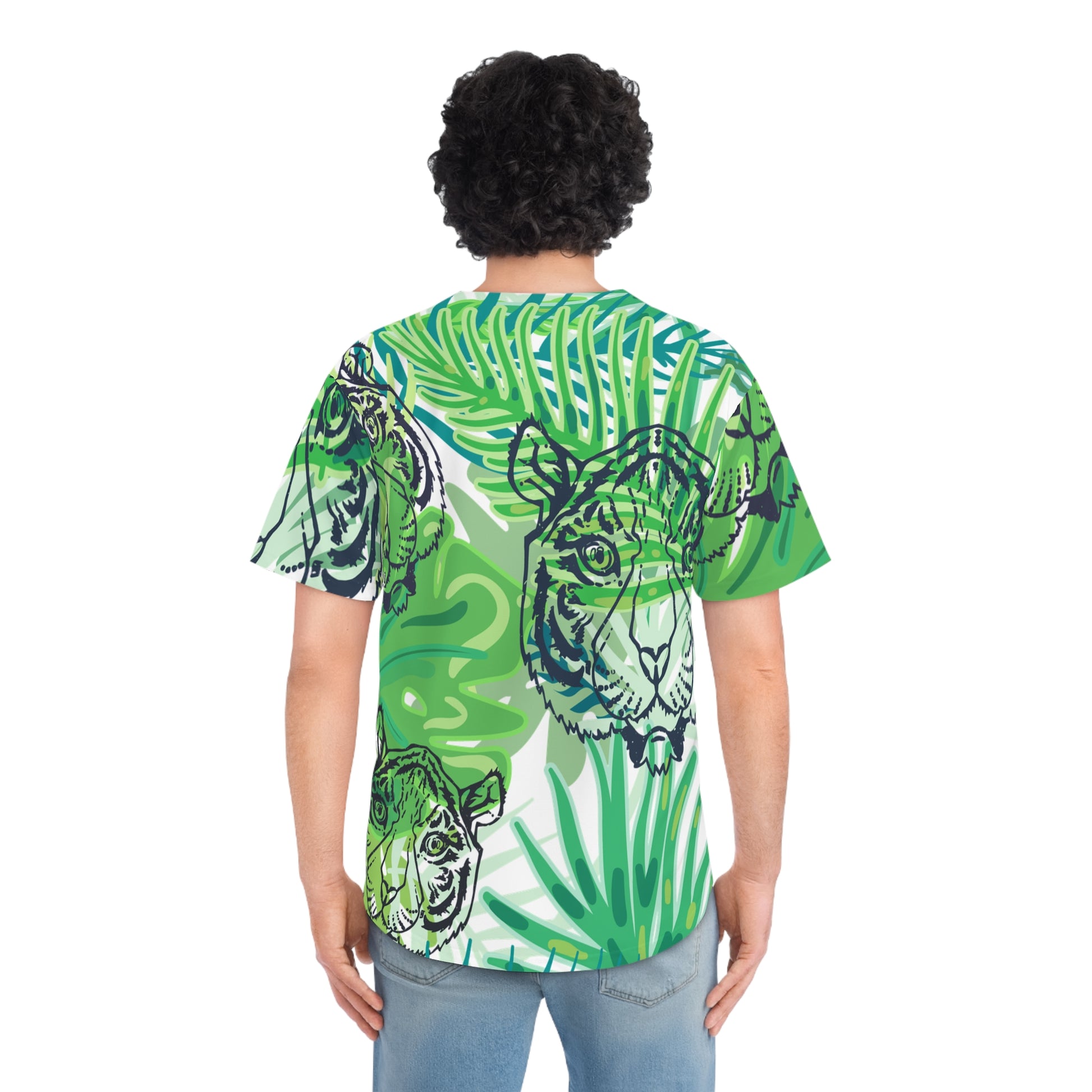 Tropical Jungle Tigers Green Men's Baseball Jersey (AOP), Artsulli - Art is Long, Life is Short, All Over Prints, , , , , , , 