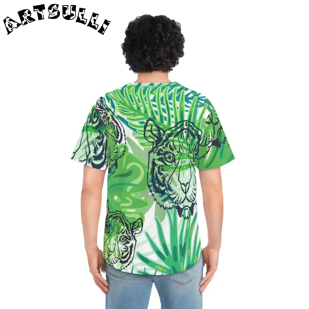 JAKKOUTTHEBXX Tropical Jungle Tigers Green Men’s Baseball Jersey