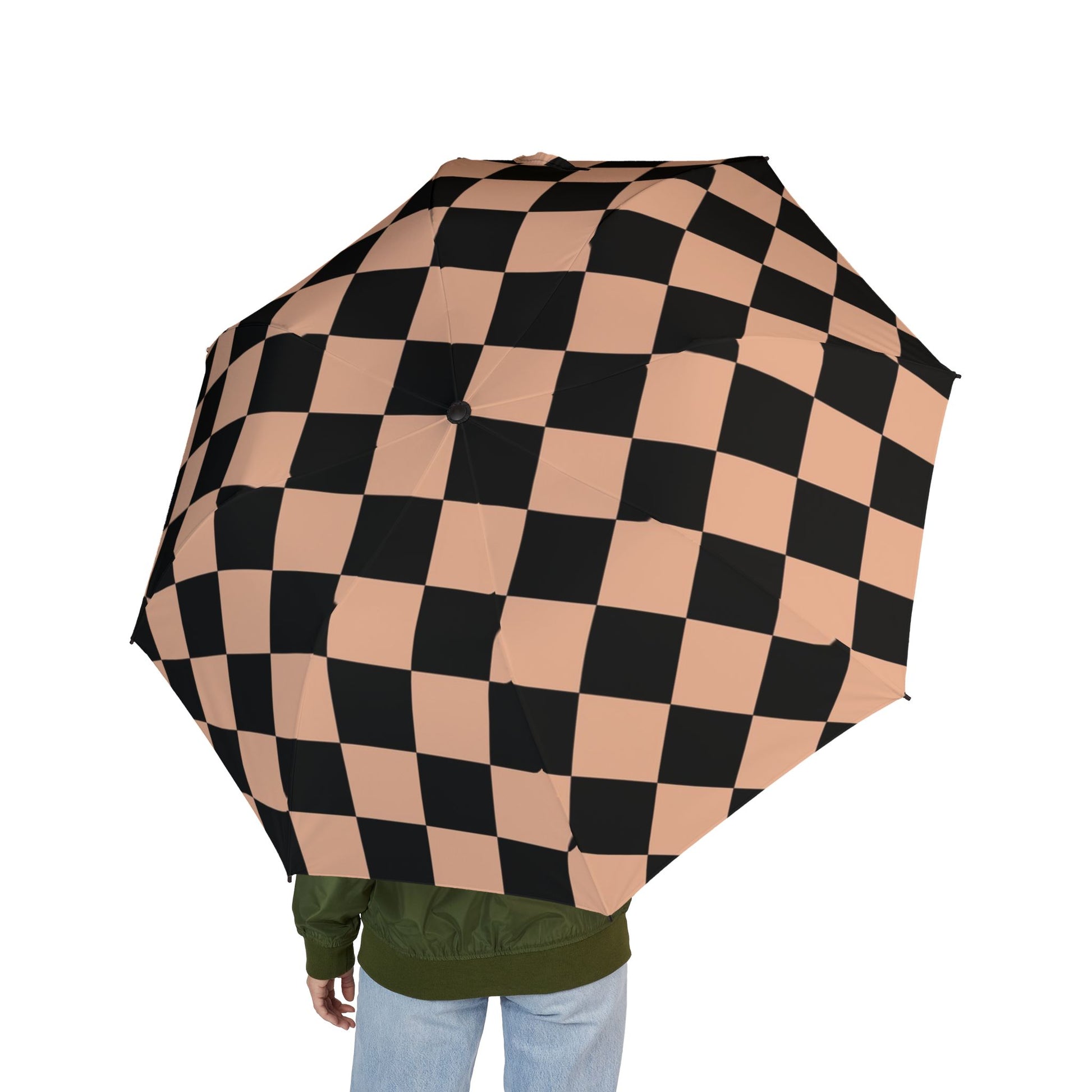 Checkerboard Soft Orange and Black Semi-Automatic Foldable Umbrella, Artsulli - Art is Long, Life is Short, Accessories, , , , , , , 