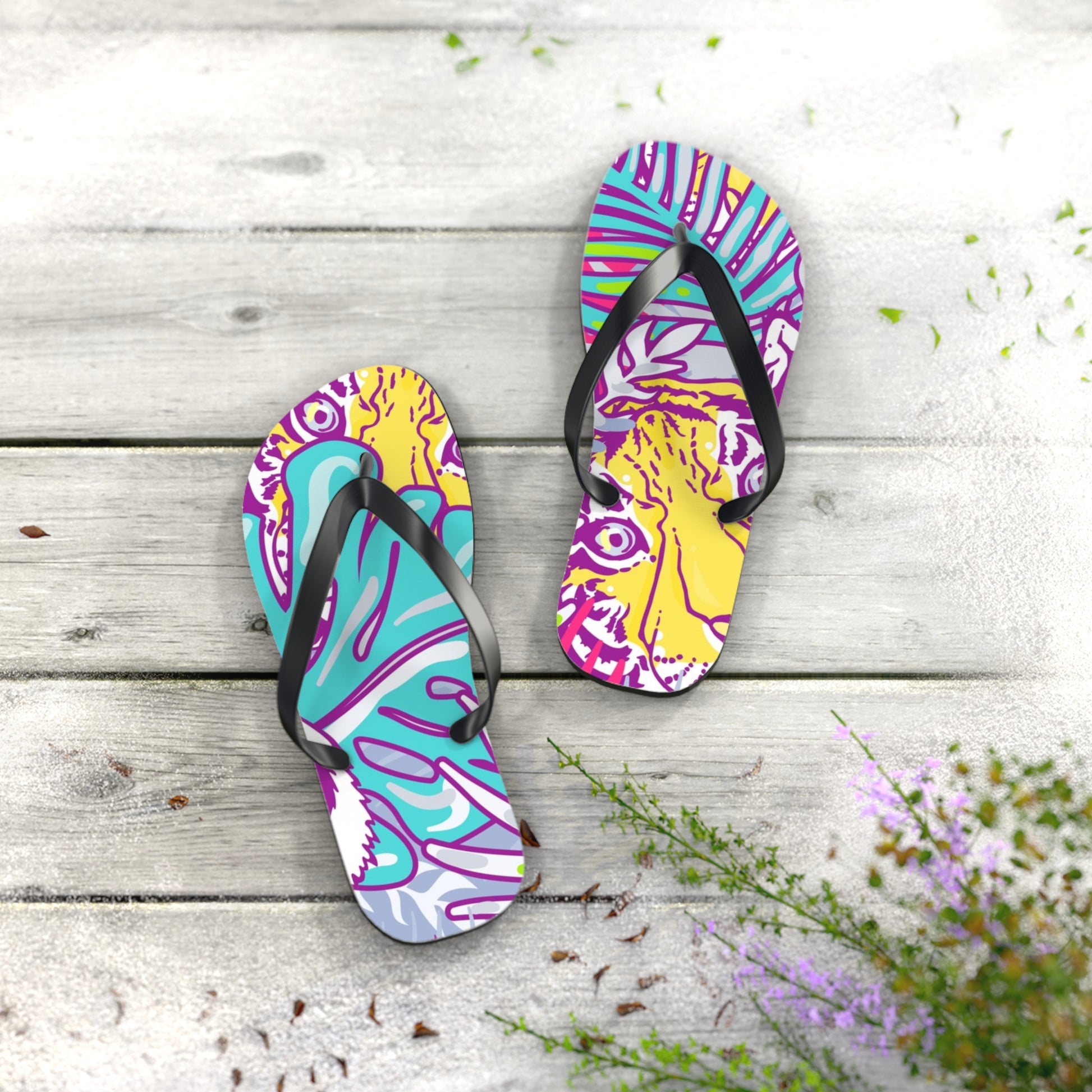 Tropical Floral Tigers Torquise and Purple Flip Flops, Artsulli - Art is Long, Life is Short, Shoes, , , , , , , 