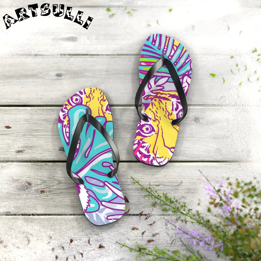 JAKKOUTTHEBXX Tropical Floral Tigers Torquise and Purple Flip Flops