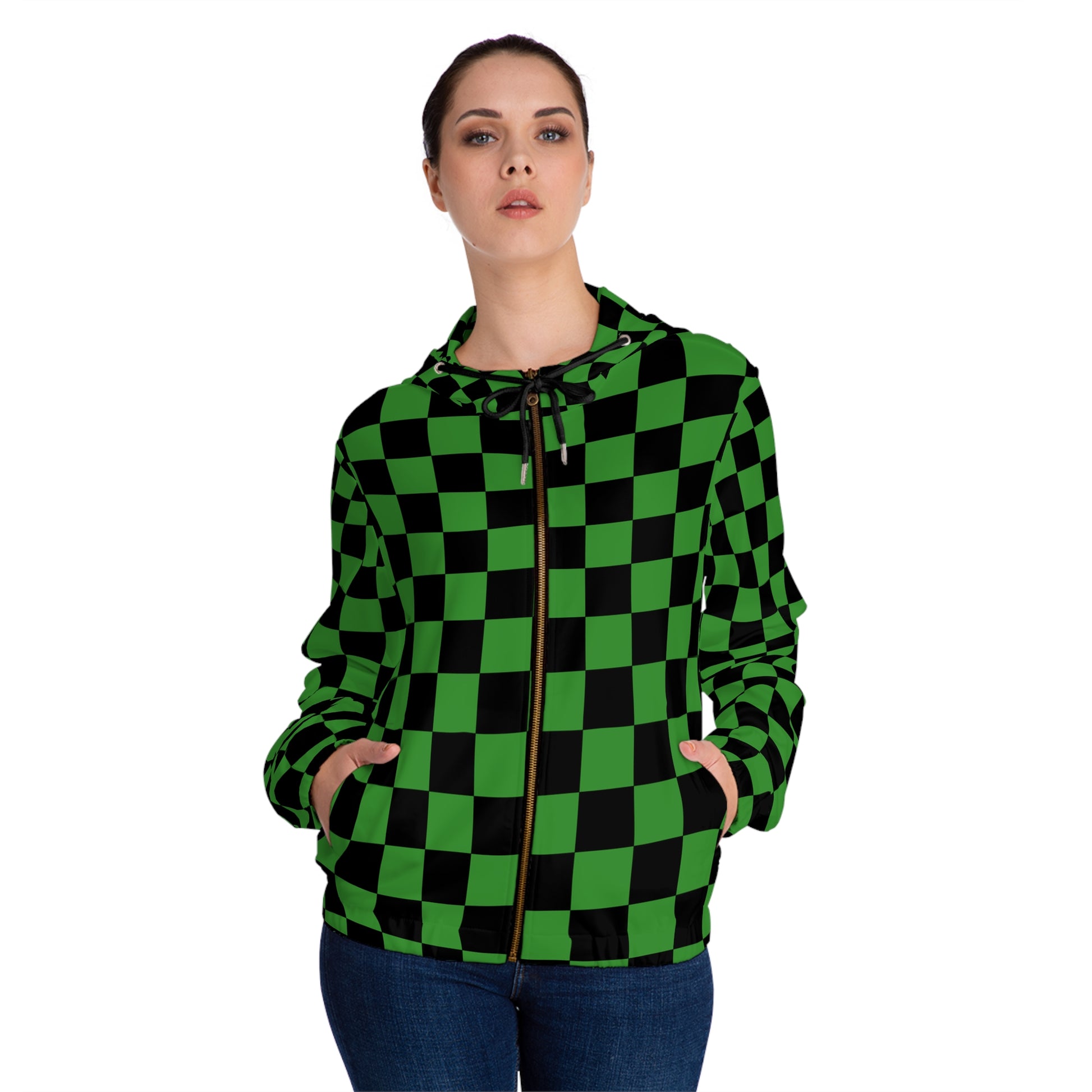 Checkerboard Green and Black Women’s Full-Zip Hoodie (AOP), Artsulli - Art is Long, Life is Short, All Over Prints, , , , , , , 