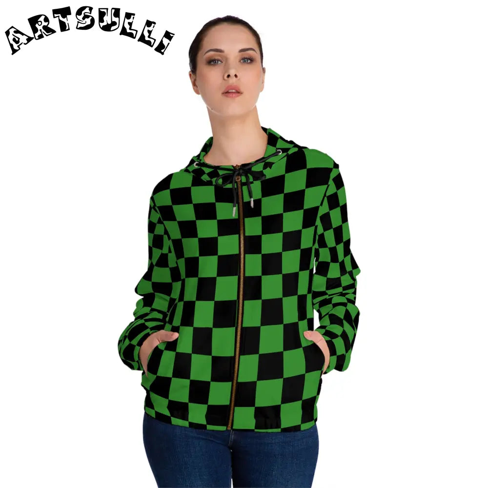 JAKKOUTTHEBXX Checkerboard Green and Black Women’s Full-Zip Hoodie
