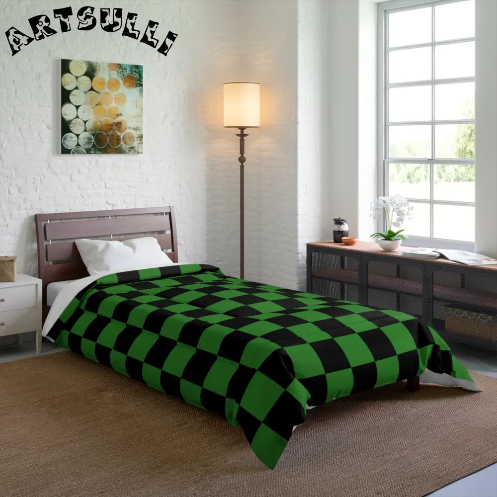 JAKKOUTTHEBXX Checkerboard Green and Black Comforter JAKKOUTTHEBXX