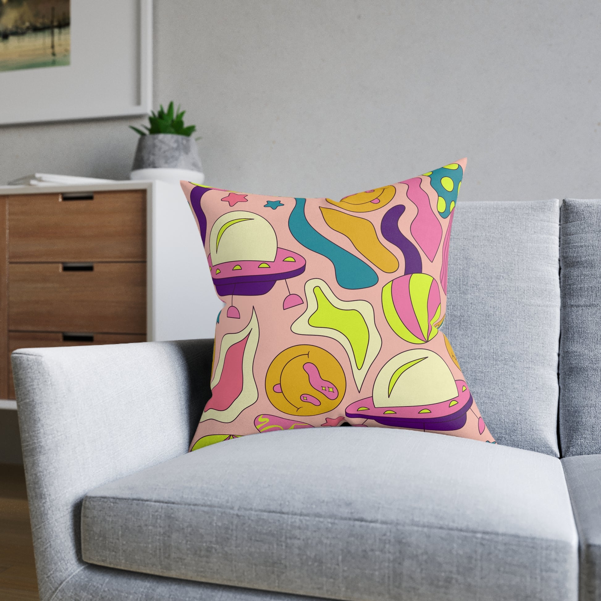 Trippy Spaceships Pink Square Pillow, Artsulli - Art is Long, Life is Short, Home Decor, , , , , , , 