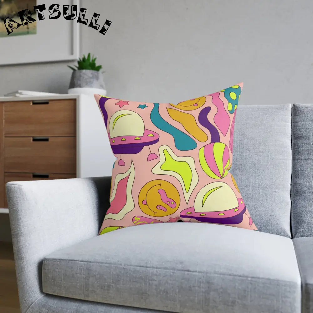 JAKKOUTTHEBXX Trippy Spaceships Pink Square Pillow JAKKOUTTHEBXX