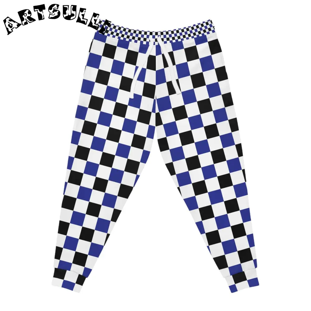 JAKKOUTTHEBXX Checkerboard Blue White and Black Athletic Joggers