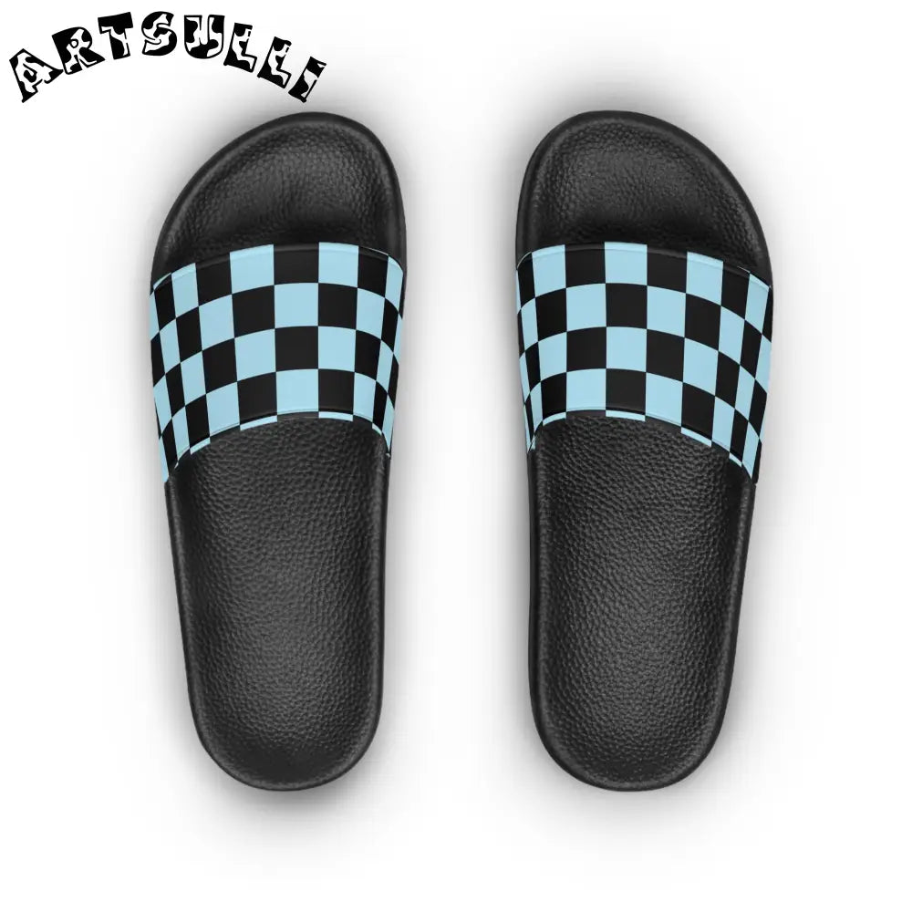 JAKKOUTTHEBXX Checkerboard Black and Blue Women’s Slide Sandals
