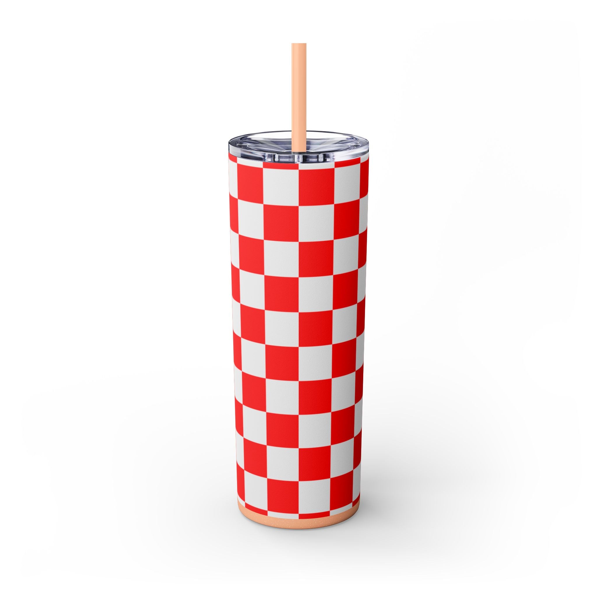 Checkerboard Red and White Skinny Tumbler with Straw, 20oz, Artsulli - Art is Long, Life is Short, Mug, , , , , , , 