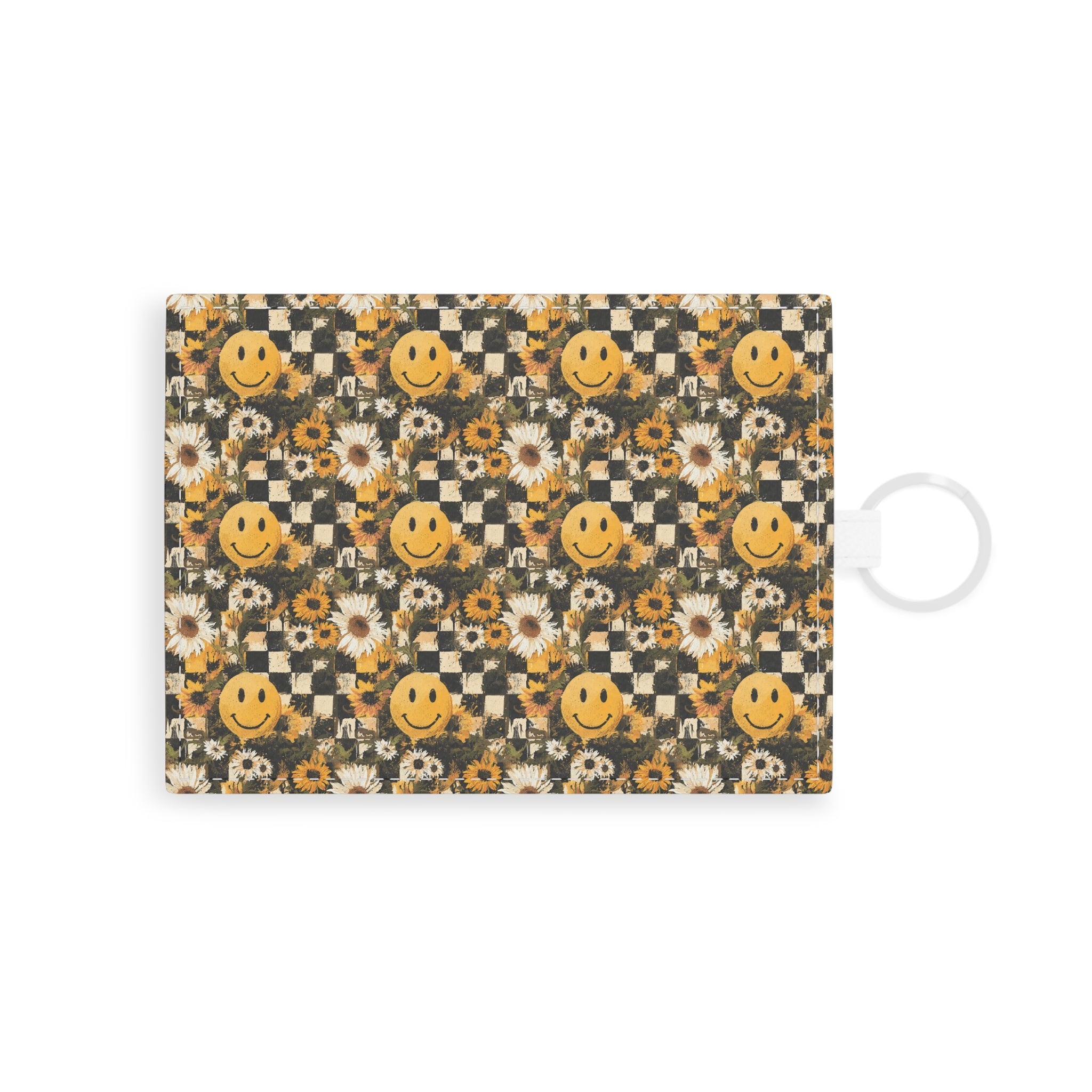Smiley Face x Checkerboard x Sunflowers x Trippy x Vintage Black and Yellow Saffiano Leather Card Holder, Artsulli - Art is Long, Life is Short, Accessories, Size, One size, Color, White, , , 24989421808313716964
