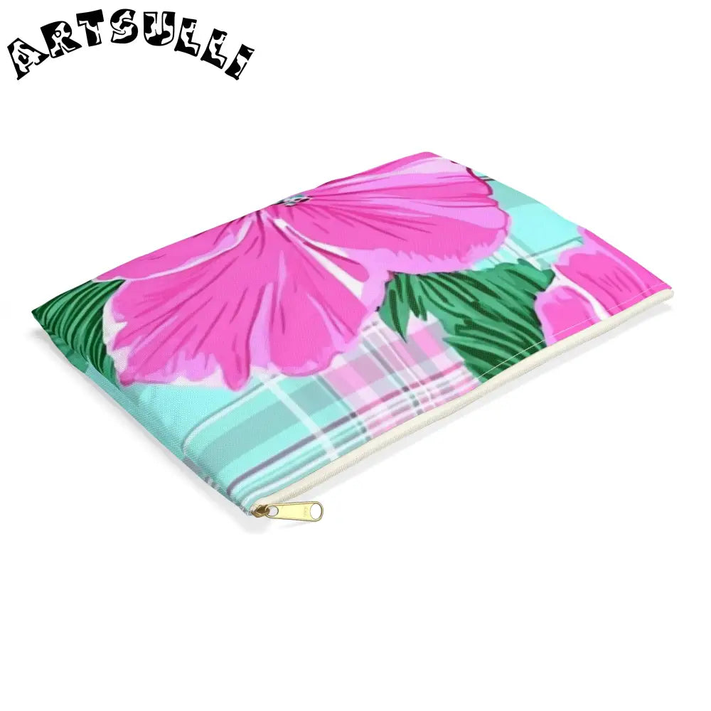JAKKOUTTHEBXX Pink Hibiscus Plaid Flat Pouch JAKKOUTTHEBXX Artsulli