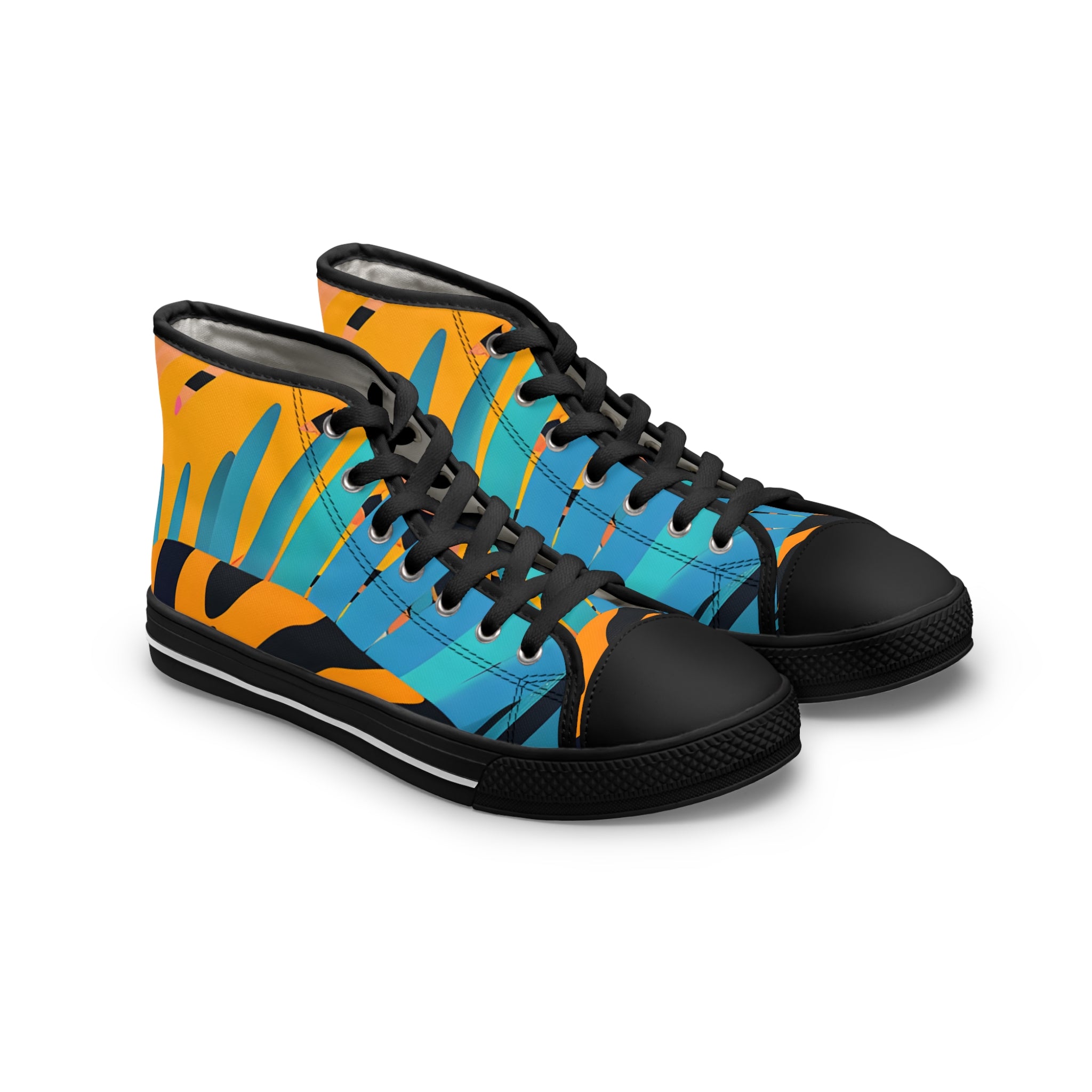 Palm Leaves x Tiger Stripes II Orange and Blue Women's High Top Sneakers, Artsulli - Art is Long, Life is Short, Shoes, Size, US 5.5, Color, Black sole, , , 88832664878173