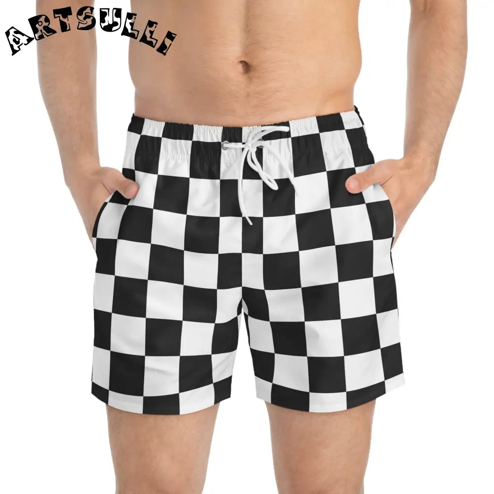 JAKKOUTTHEBXX Checkerboard Black and White Swim Trunks (AOP)