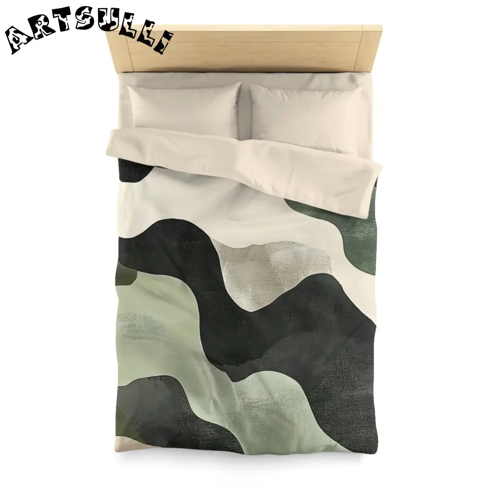 JAKKOUTTHEBXX Abstract Green Black Off White Wavy Pattern Duvet