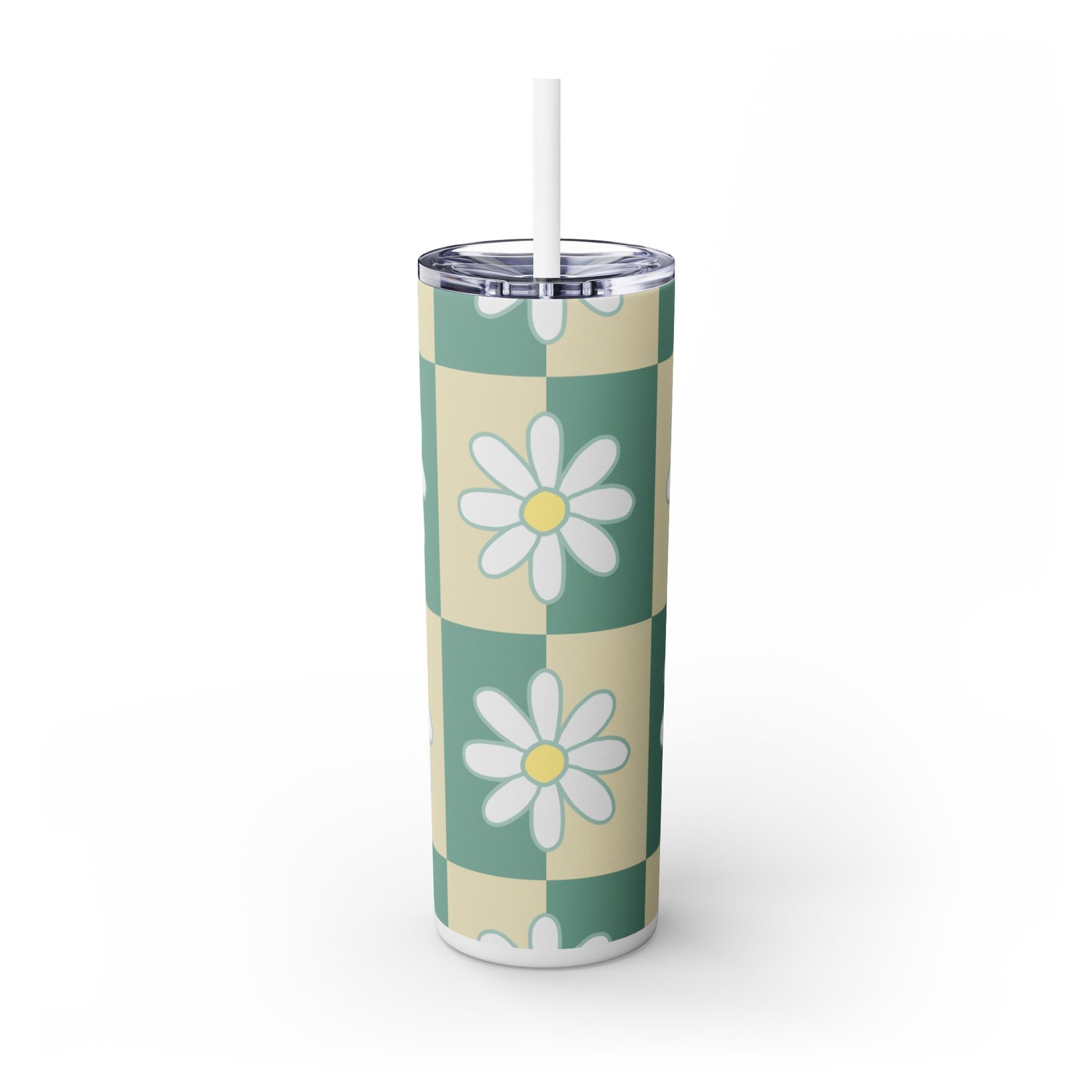 Retro Daisy Checkerboard Green and Tan Skinny Tumbler with Straw, 20oz, Artsulli - Art is Long, Life is Short, Mug, , , , , , , 