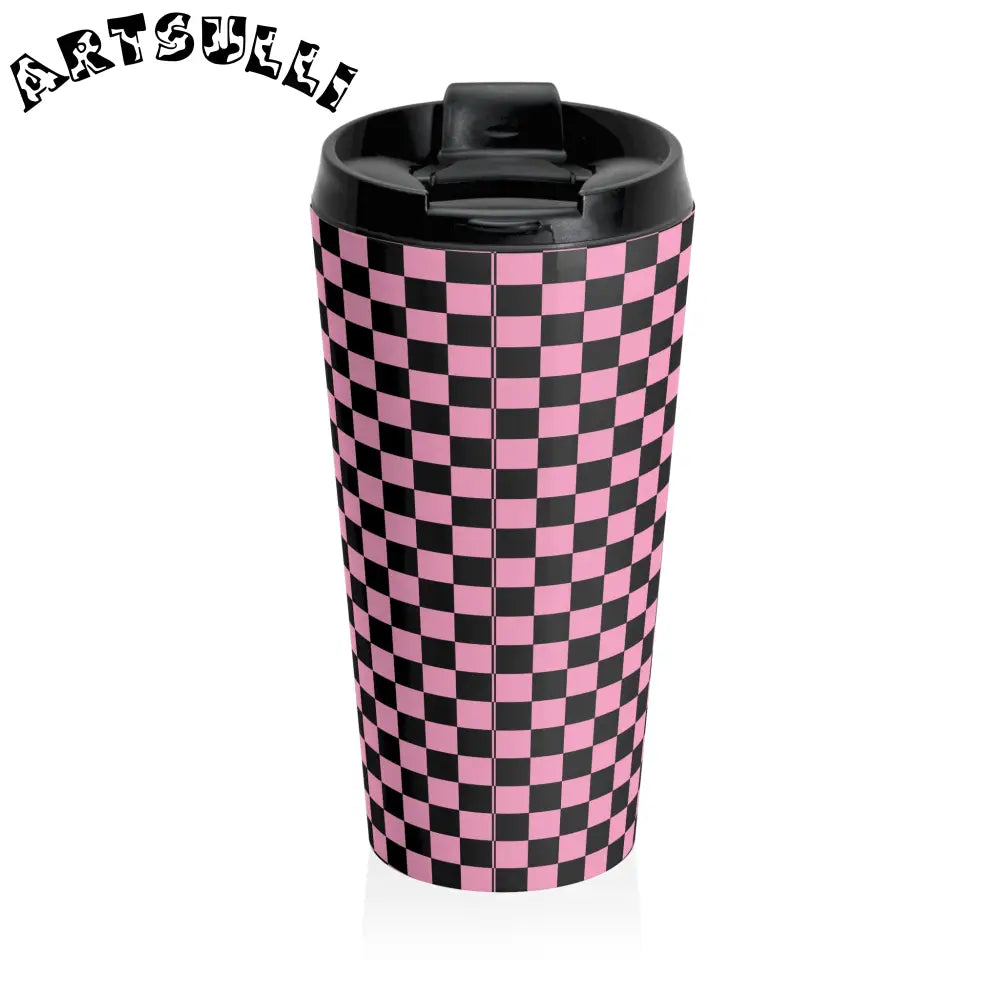 JAKKOUTTHEBXX Checkerboard Black and Pink Stainless Steel Travel Mug