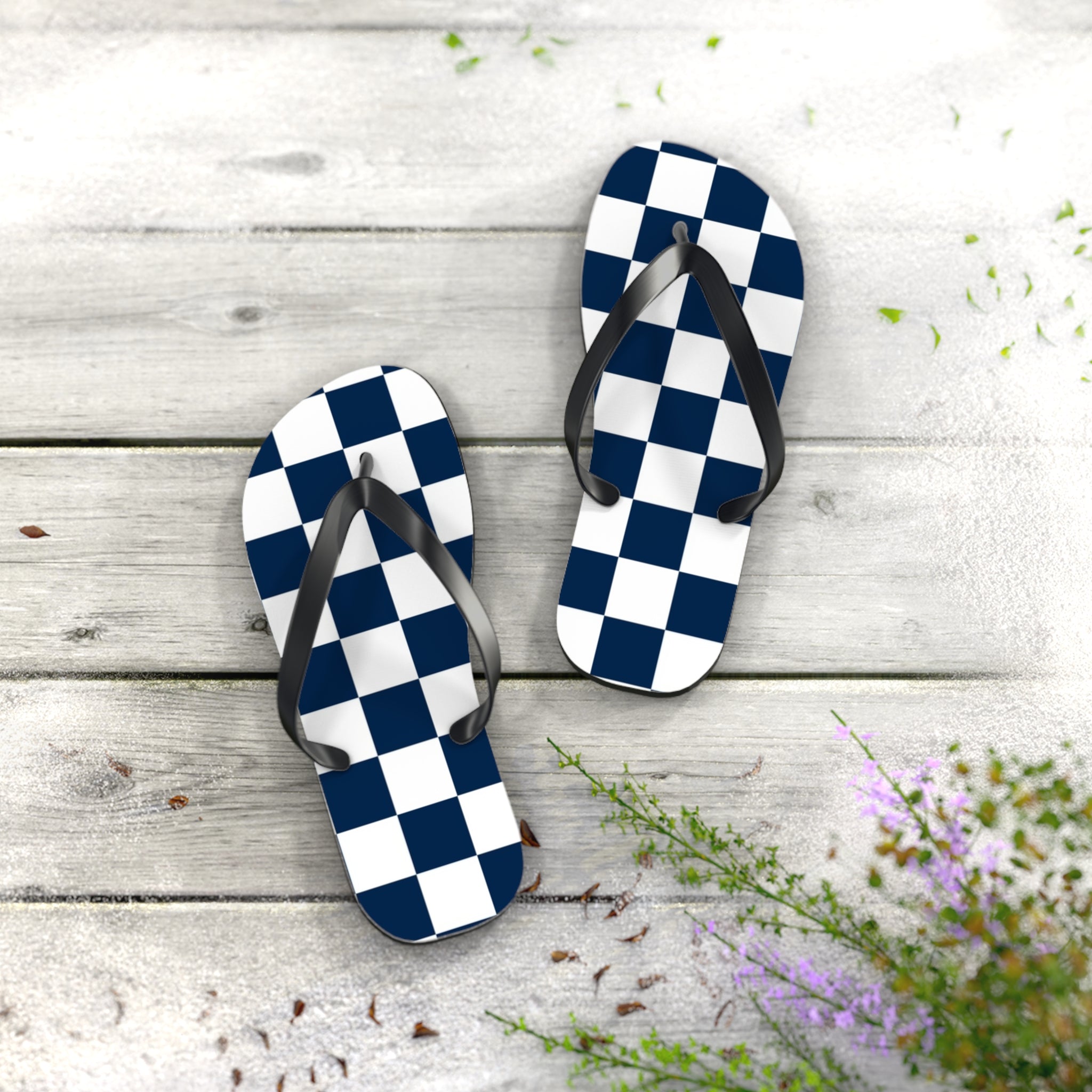 Checkerboard White and Navy Blue Flip Flops, Artsulli - Art is Long, Life is Short, Shoes, , , , , , , 