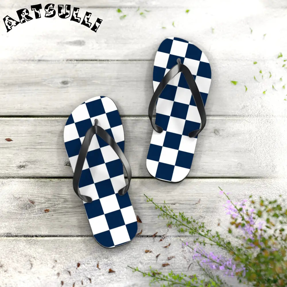 JAKKOUTTHEBXX Checkerboard White and Navy Blue Flip Flops