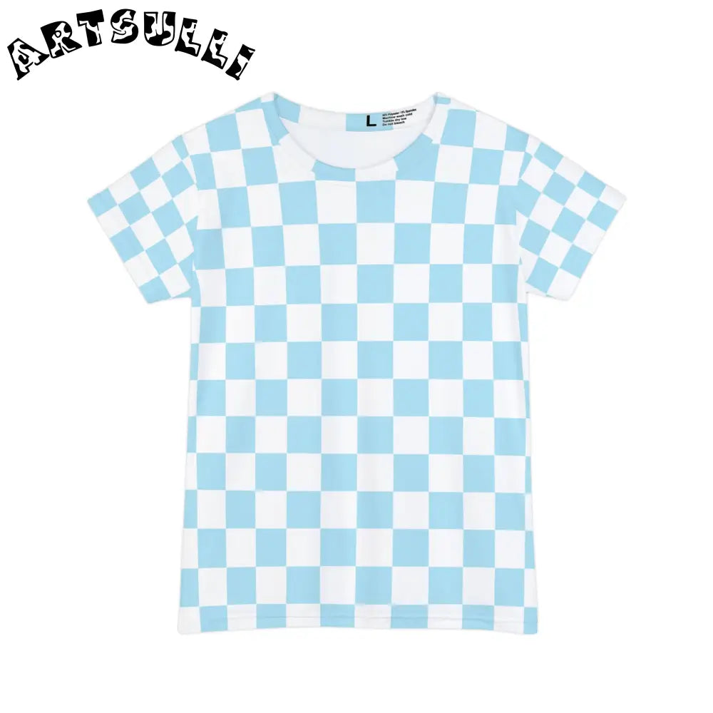 JAKKOUTTHEBXX Checkerboard Sky Blue Women’s Short Sleeve Shirt (AOP)