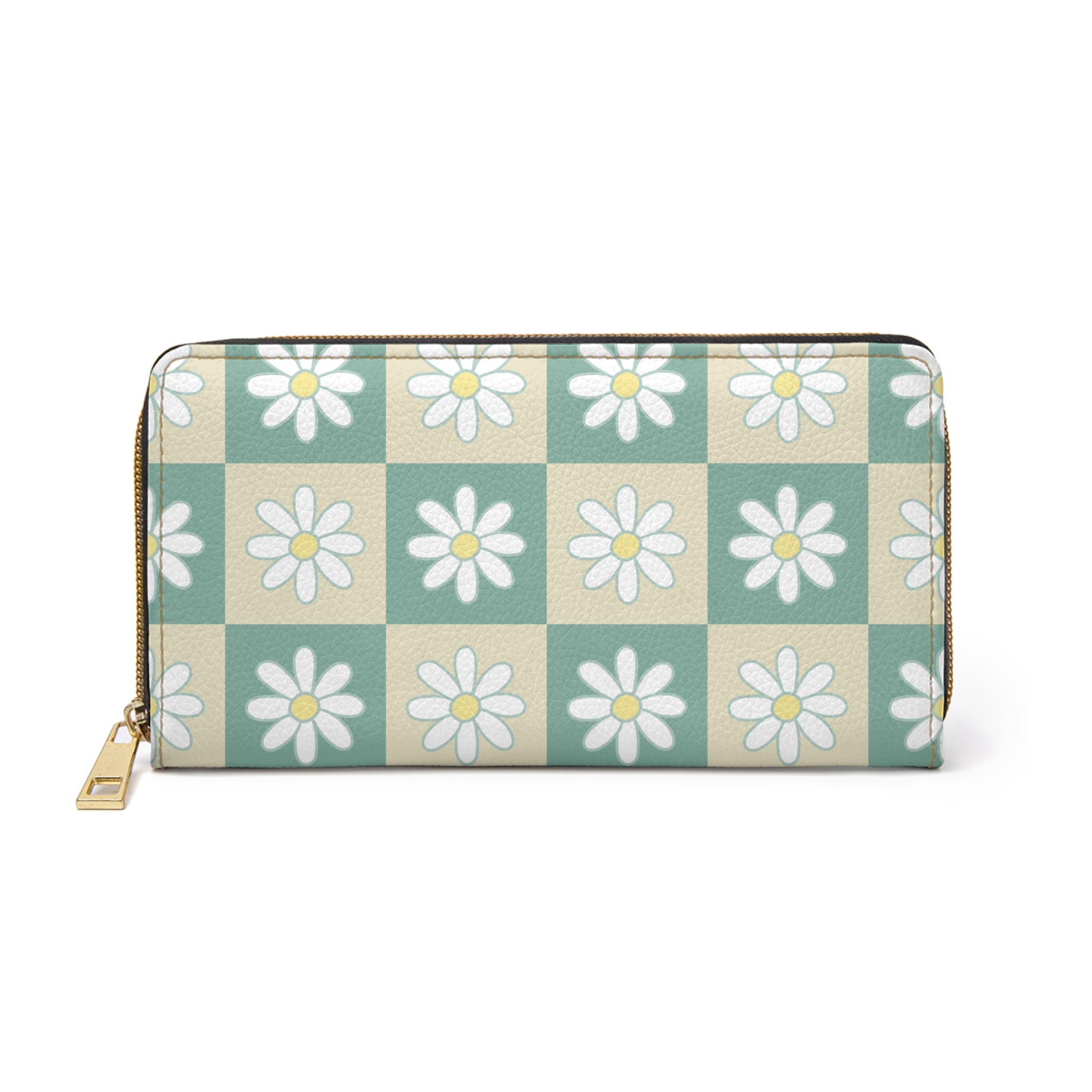 Retro Daisy Checkerboard Green and Tan Zipper Wallet, Artsulli - Art is Long, Life is Short, Accessories, Size, One size, Color, White, , , 56103433198385402303