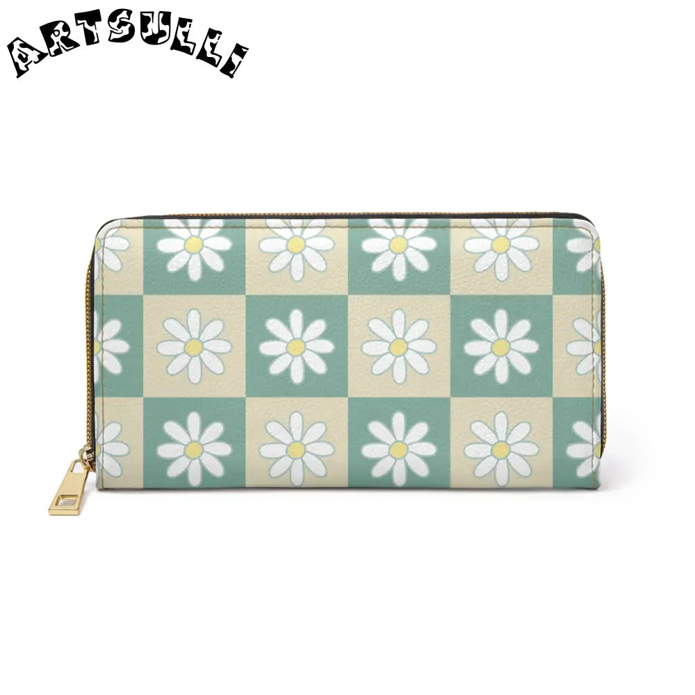 JAKKOUTTHEBXX Retro Daisy Checkerboard Green and Tan Zipper Wallet
