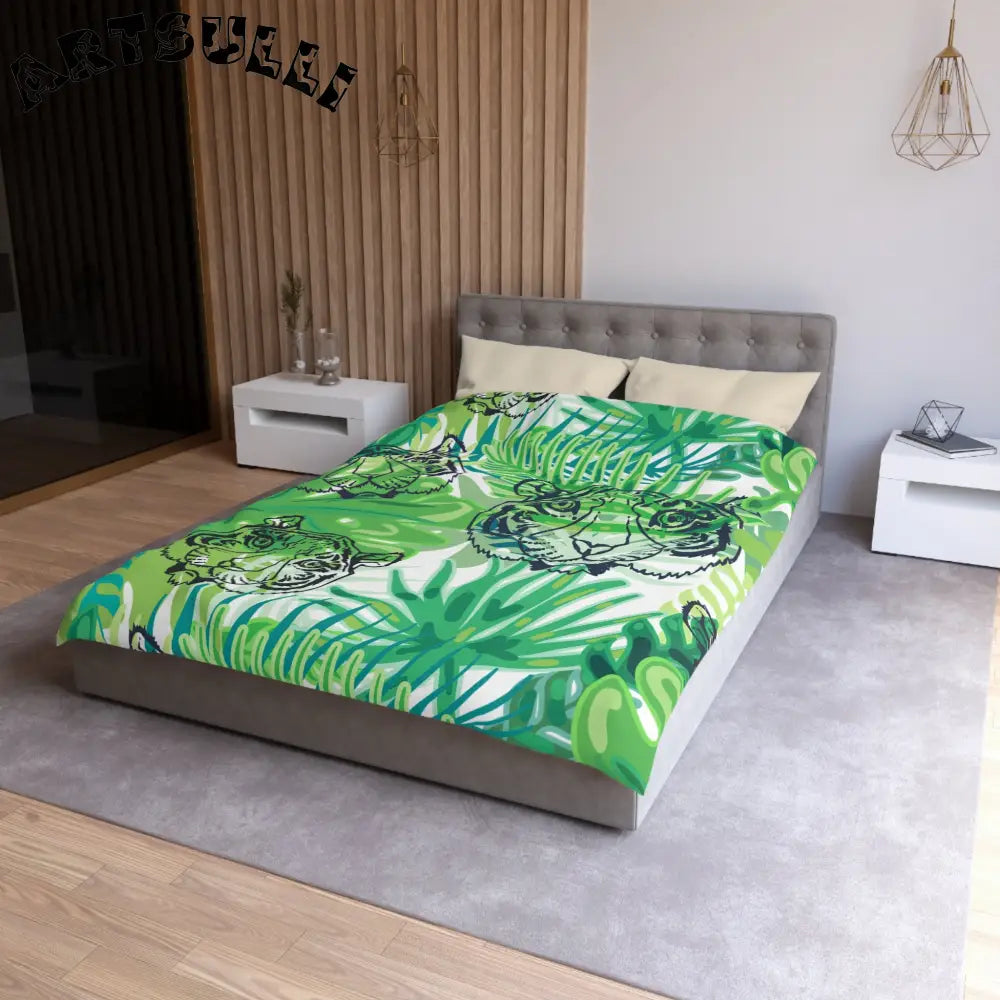 JAKKOUTTHEBXX Tropical Jungle Tigers Green Microfiber Duvet Cover