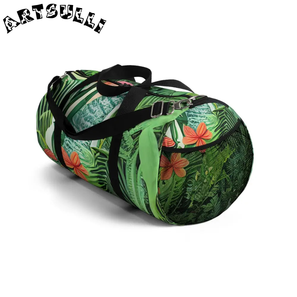 JAKKOUTTHEBXX Tropical Leaf and Flower Print Duffel Bags with Black