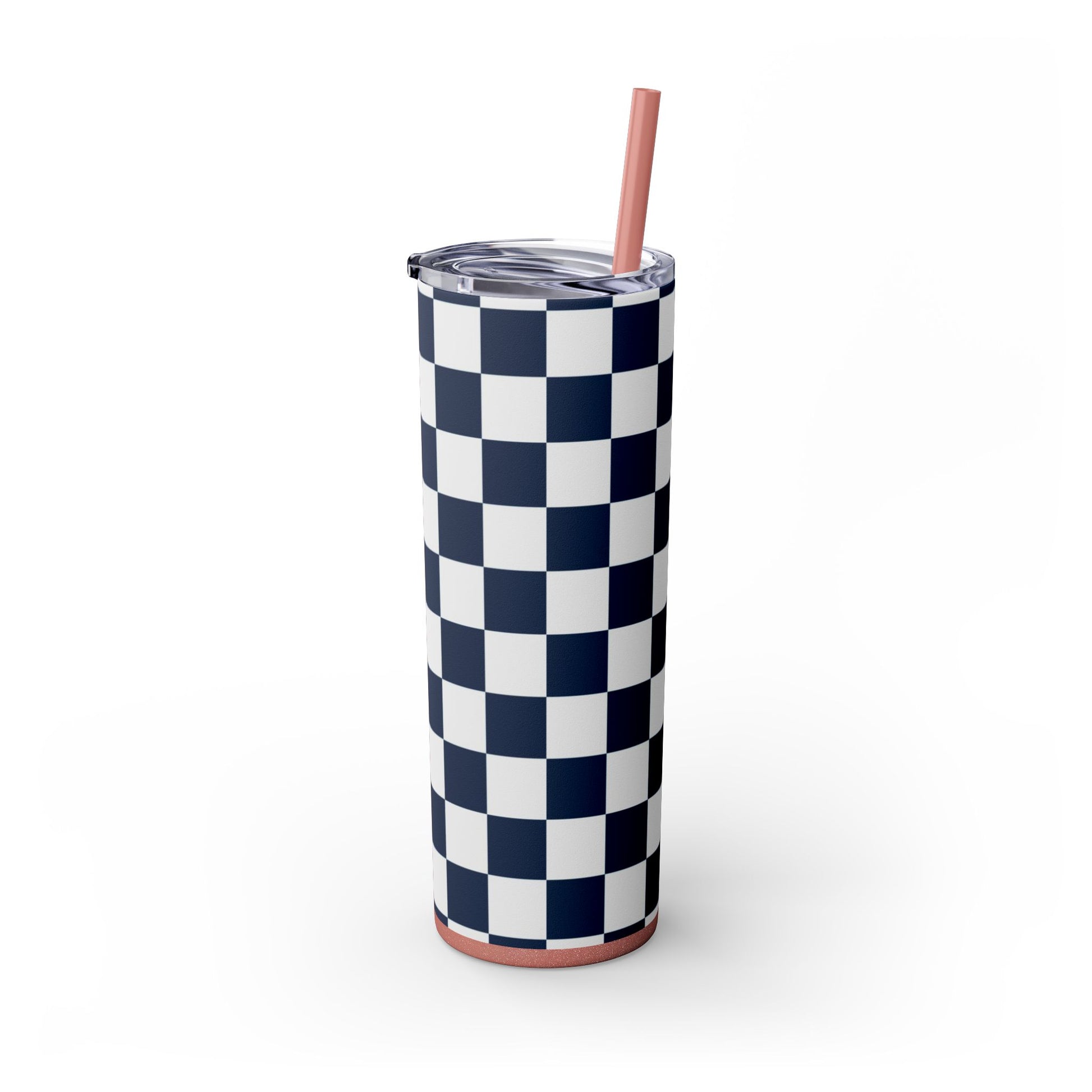 Checkerboard White and Navy Blue Skinny Tumbler with Straw, 20oz, Artsulli - Art is Long, Life is Short, Mug, , , , , , , 