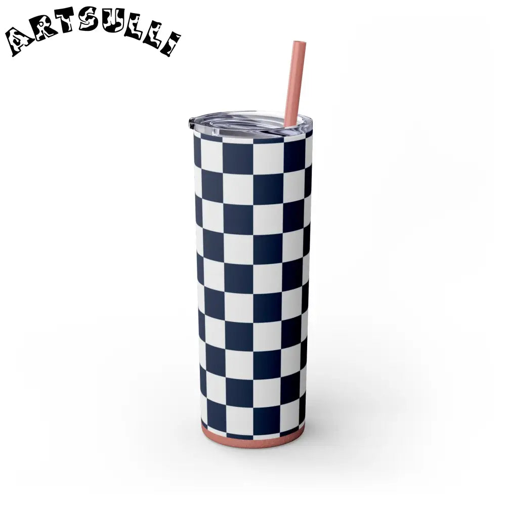 JAKKOUTTHEBXX Checkerboard White and Navy Blue Skinny Tumbler