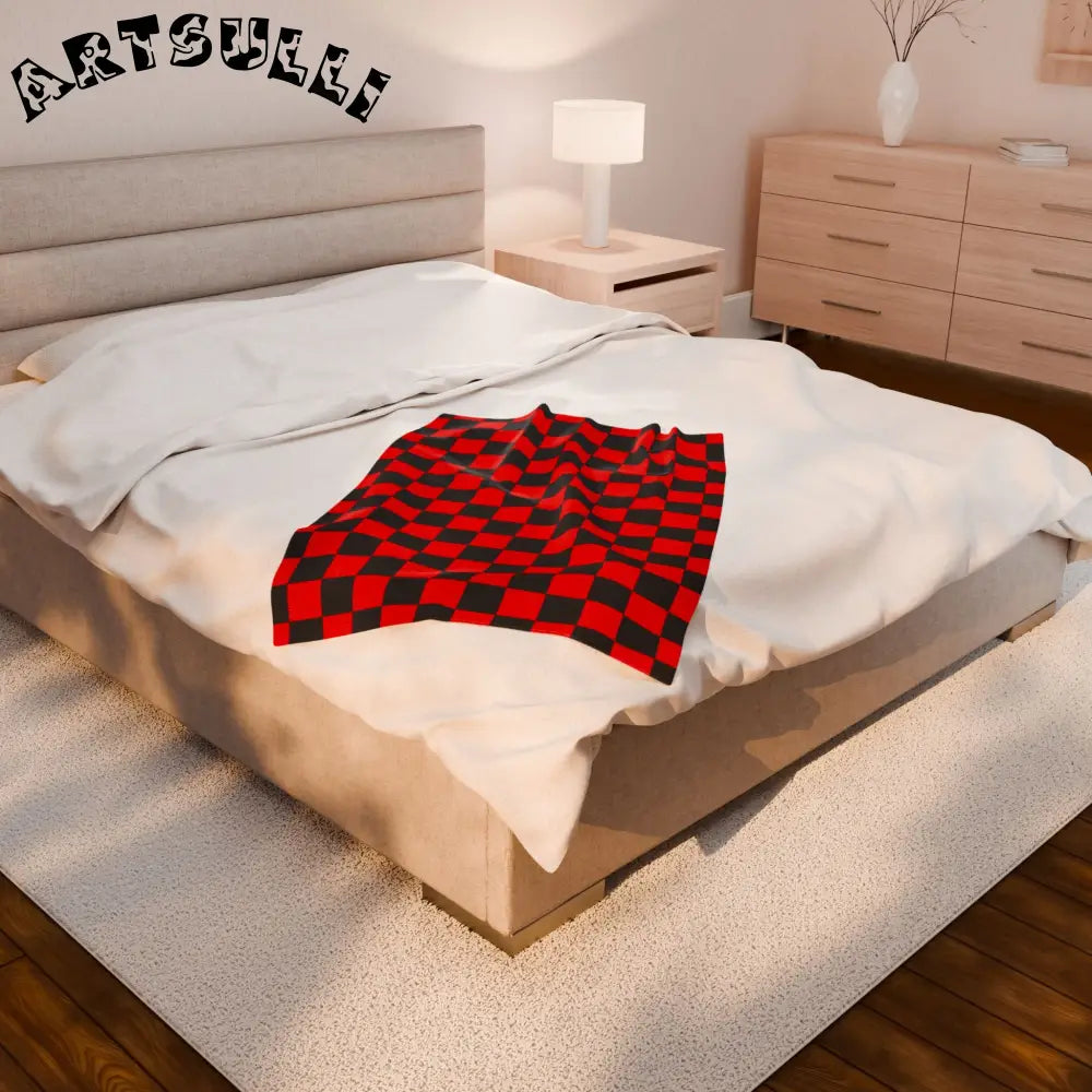 JAKKOUTTHEBXX Checkerboard Red and Black Velveteen Plush Blanket