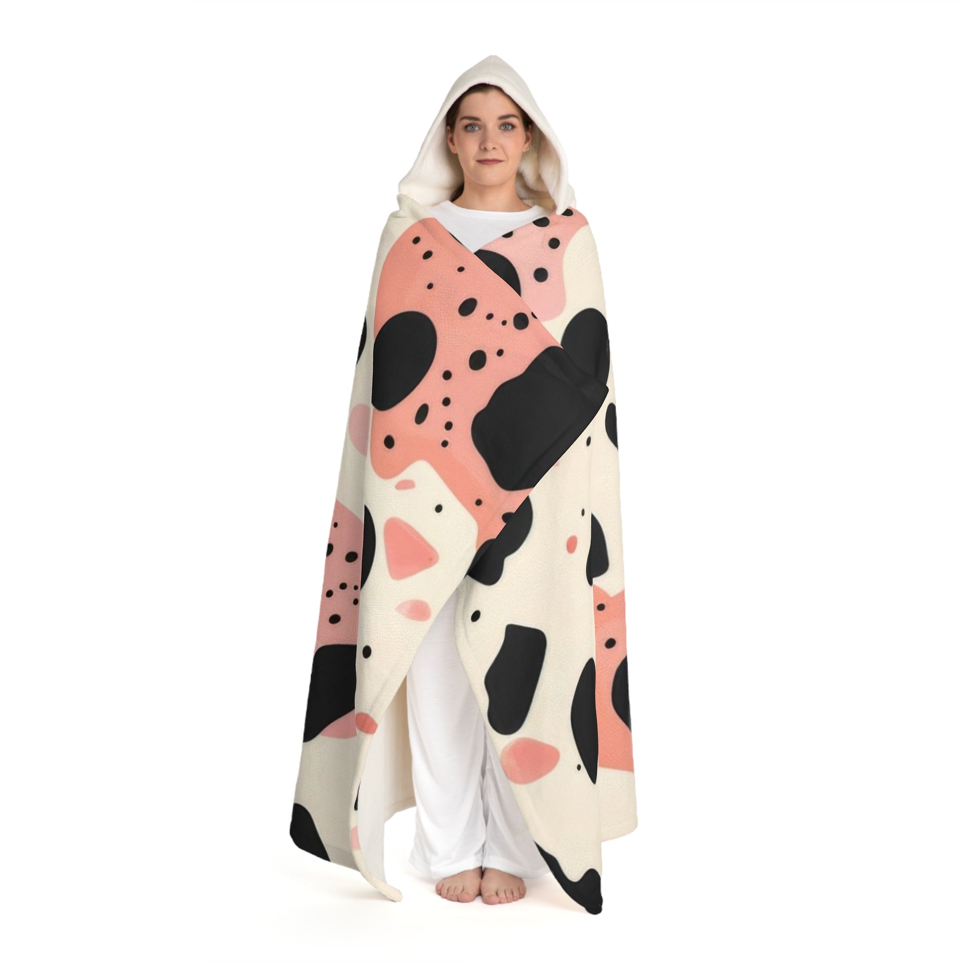 Organic Cow Print Cream and Pink Hooded Sherpa Fleece Blanket, Artsulli - Art is Long, Life is Short, All Over Prints, , , , , , , 