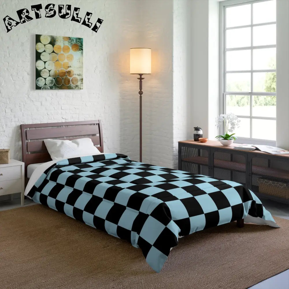 JAKKOUTTHEBXX Checkerboard Black and Blue Comforter JAKKOUTTHEBXX