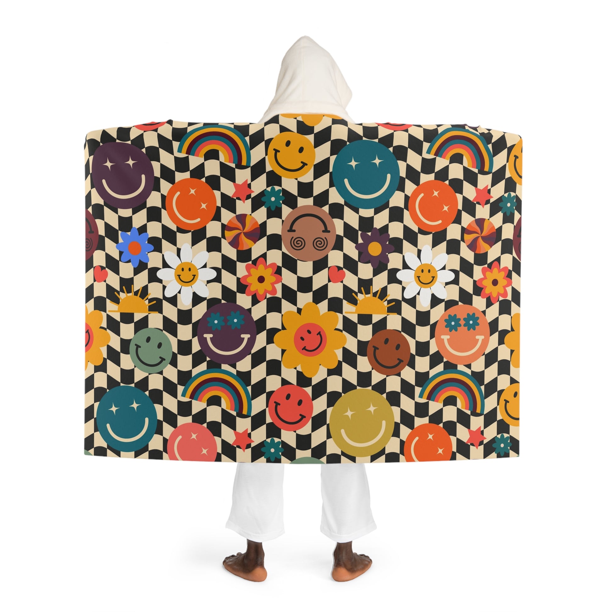 Trippy x Wavy Checkerboard x Smiley Face x Rainbow x Flowers II Multi-Color Hooded Sherpa Fleece Blanket, Artsulli - Art is Long, Life is Short, All Over Prints, , , , , , , 