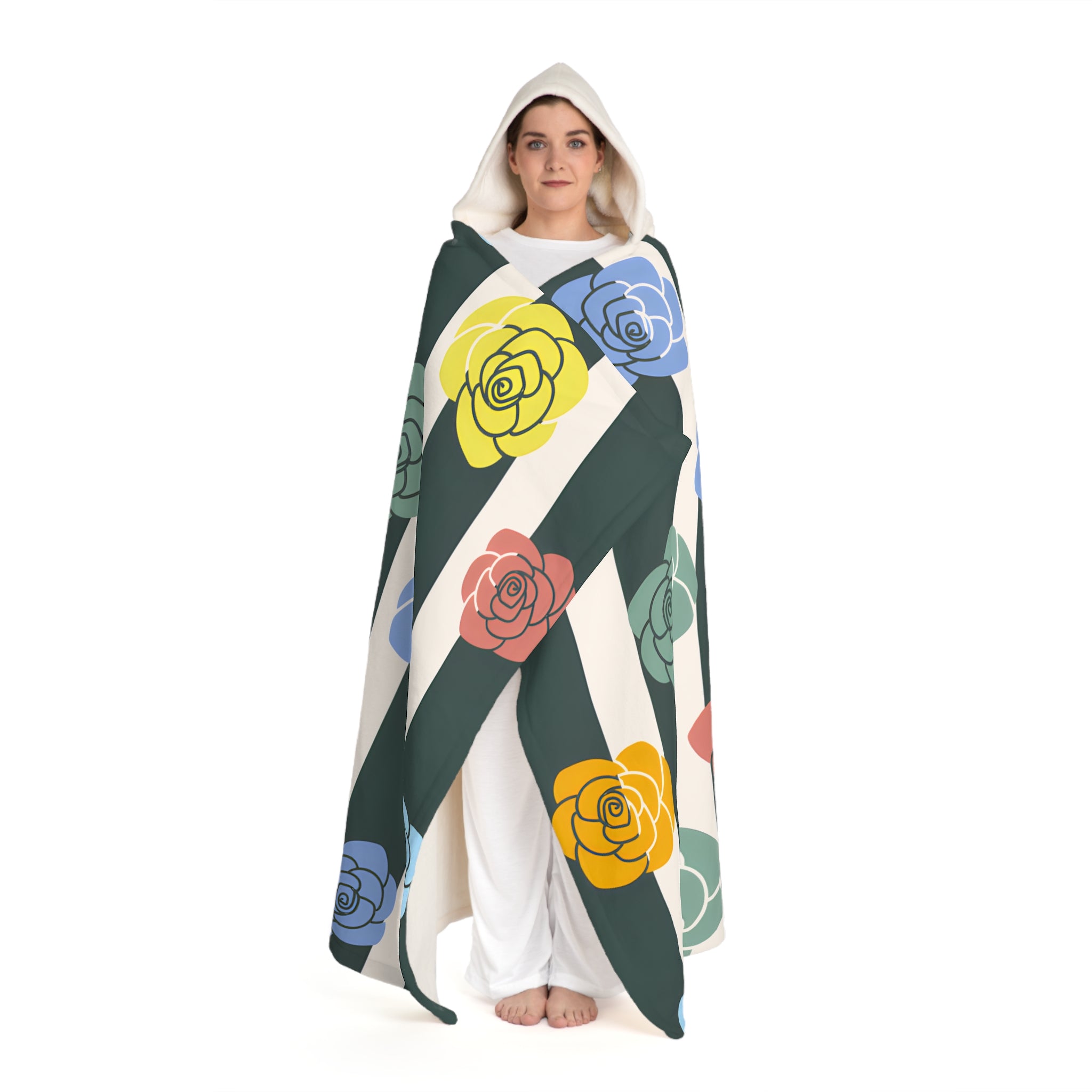 Stripes x Roses II Black and White Hooded Sherpa Fleece Blanket, Artsulli - Art is Long, Life is Short, All Over Prints, , , , , , , 