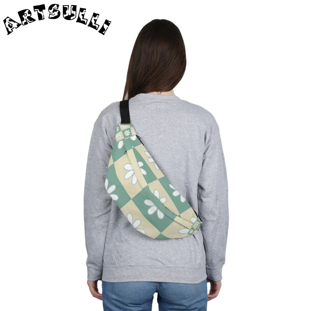 JAKKOUTTHEBXX Retro Daisy Checkerboard Green and Tan Large Fanny